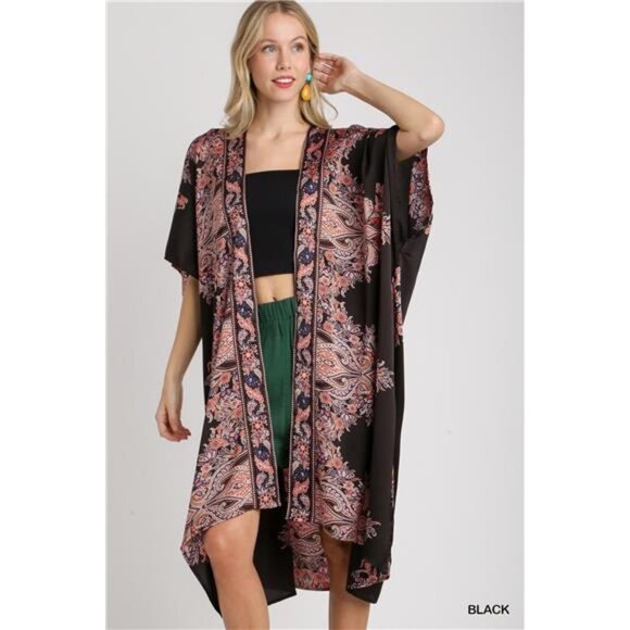 Umgee Satin Border Print Short Sleeve Open Front Kimono - Picture 1 of 4